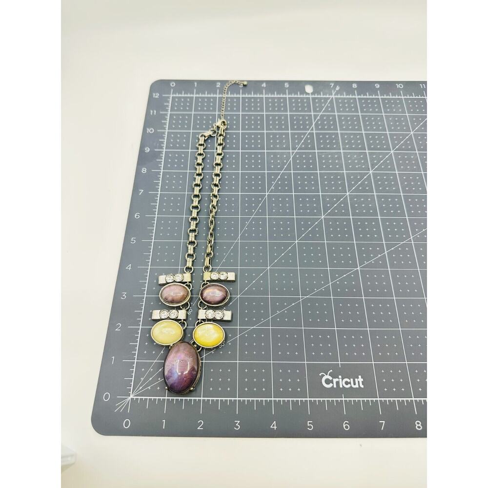 Womens Statement Necklace Iridescent Purple Yellow Cabochon Silver Tone Jewelry - Picture 7 of 9